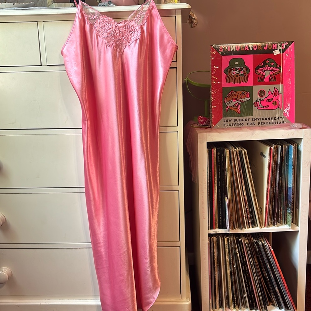 Vintage 90s Slip Dress Barbie Pink Girly Coquette Midi Lace Floral Medium 80’s M